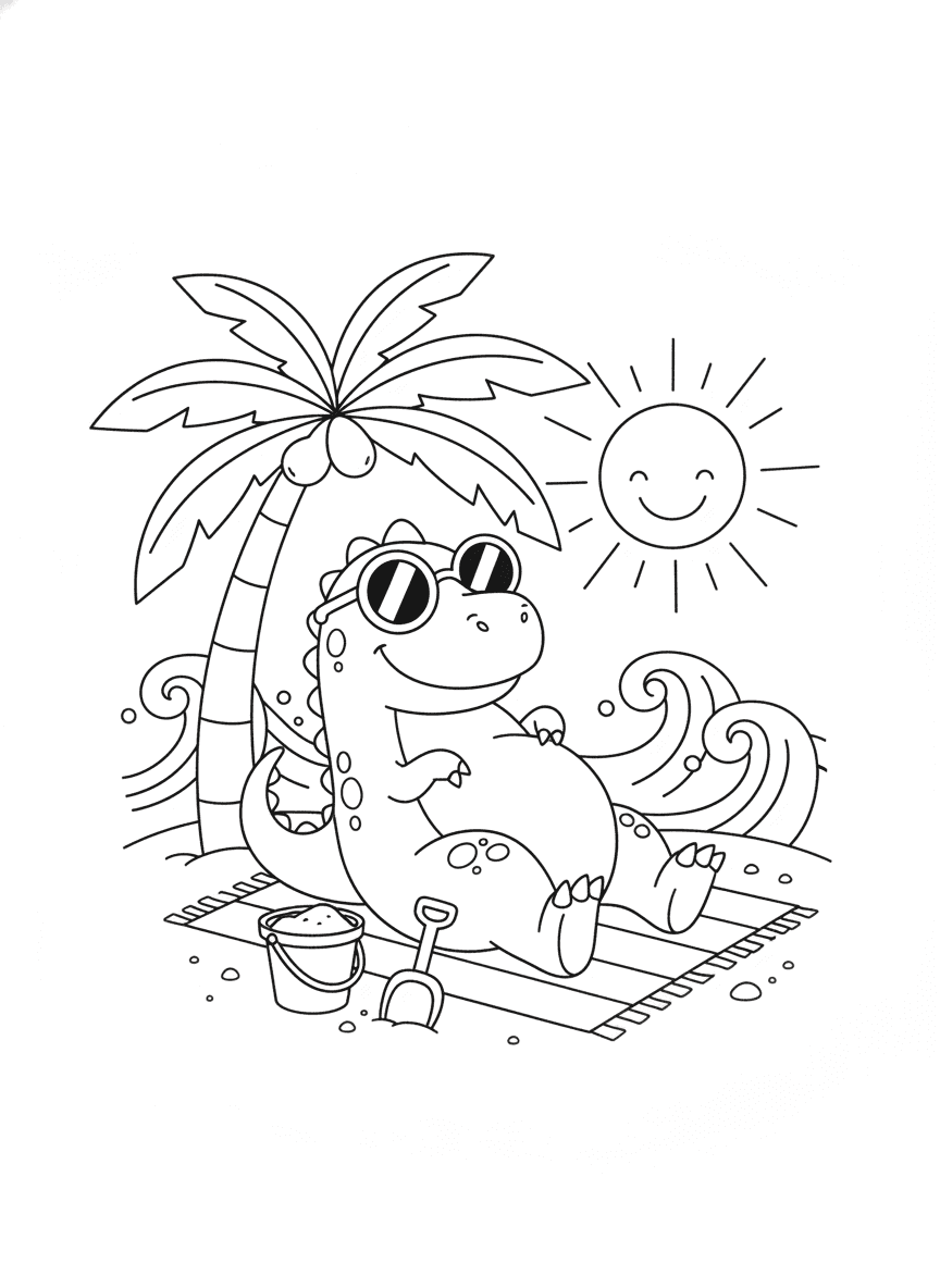 Dino Beach Day coloring page preview