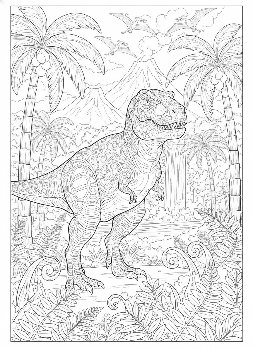 T-Rex Jungle Scene (Detailed) coloring page preview