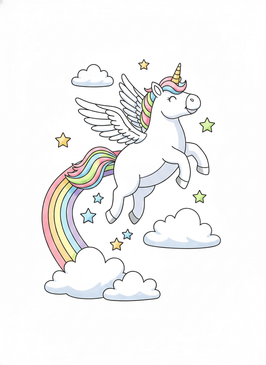 Flying Unicorn with Rainbow Trail — colored example