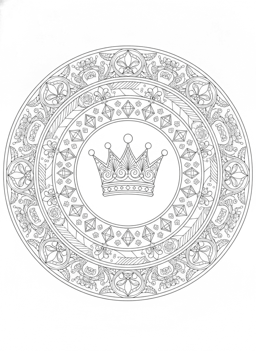 Crown & Jewels Mandala coloring page preview