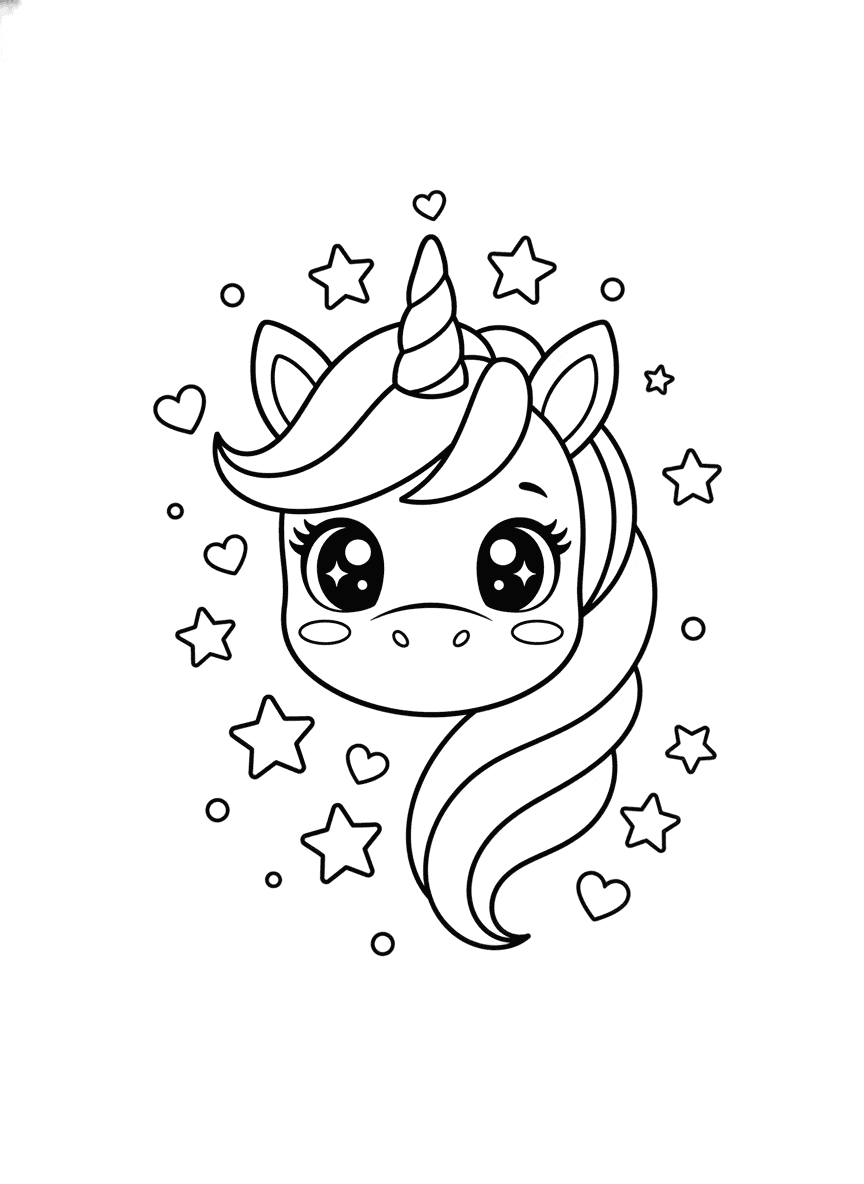 Kawaii Unicorn Face with Stars coloring page preview