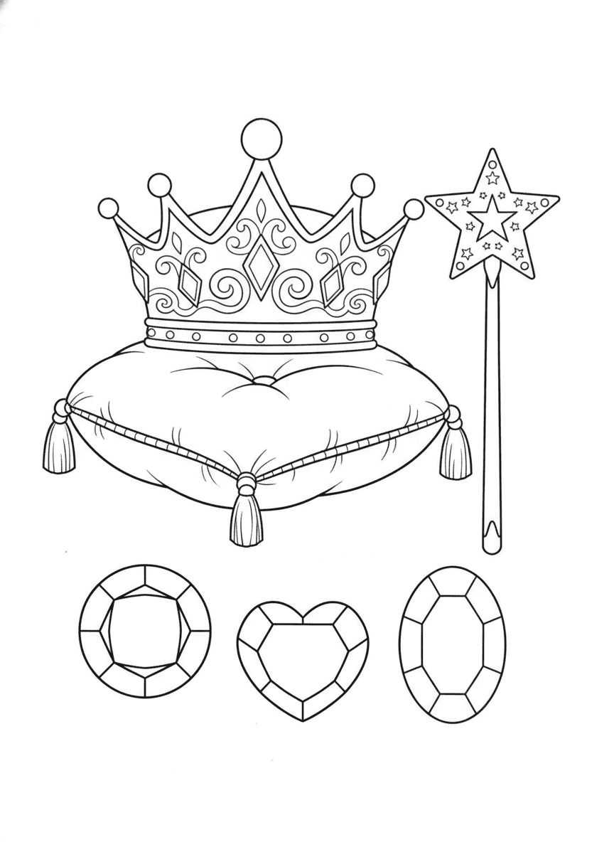 Royal Crown, Wand & Jewels coloring page preview