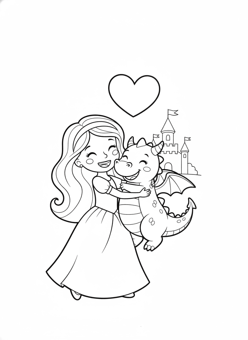 Princess and Her Dragon Friend coloring page preview
