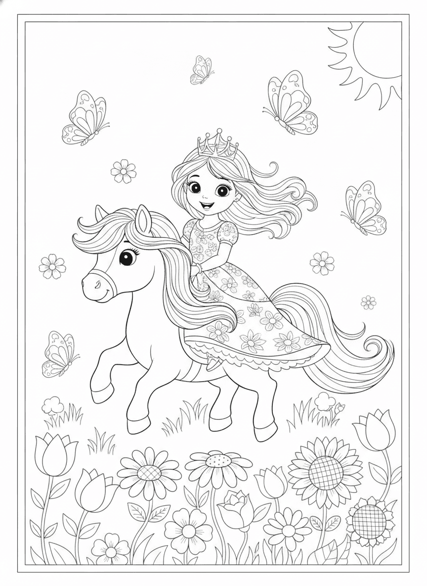 Princess Riding Her Pony coloring page preview