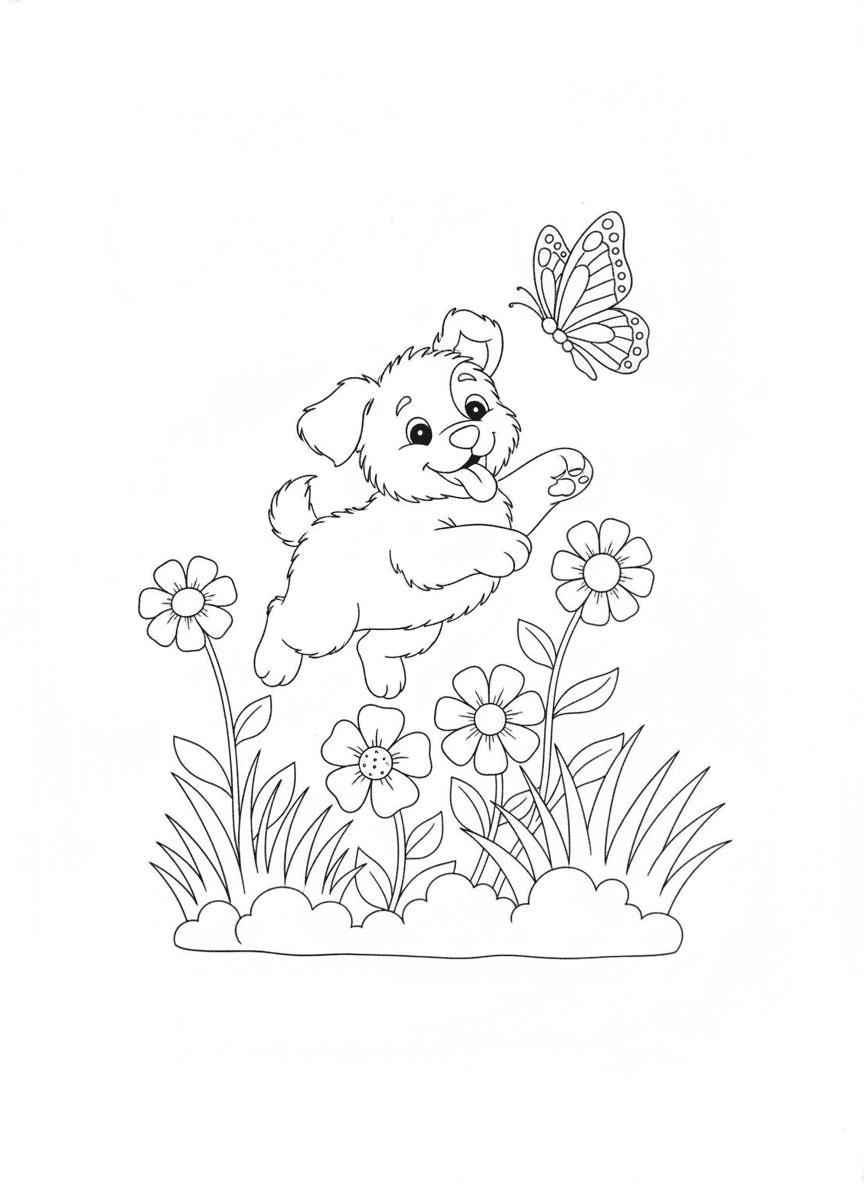 Puppy Chasing a Butterfly coloring page preview