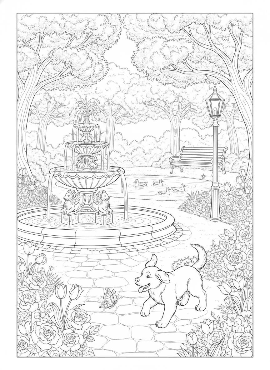 Puppy at the Park (Detailed) coloring page preview