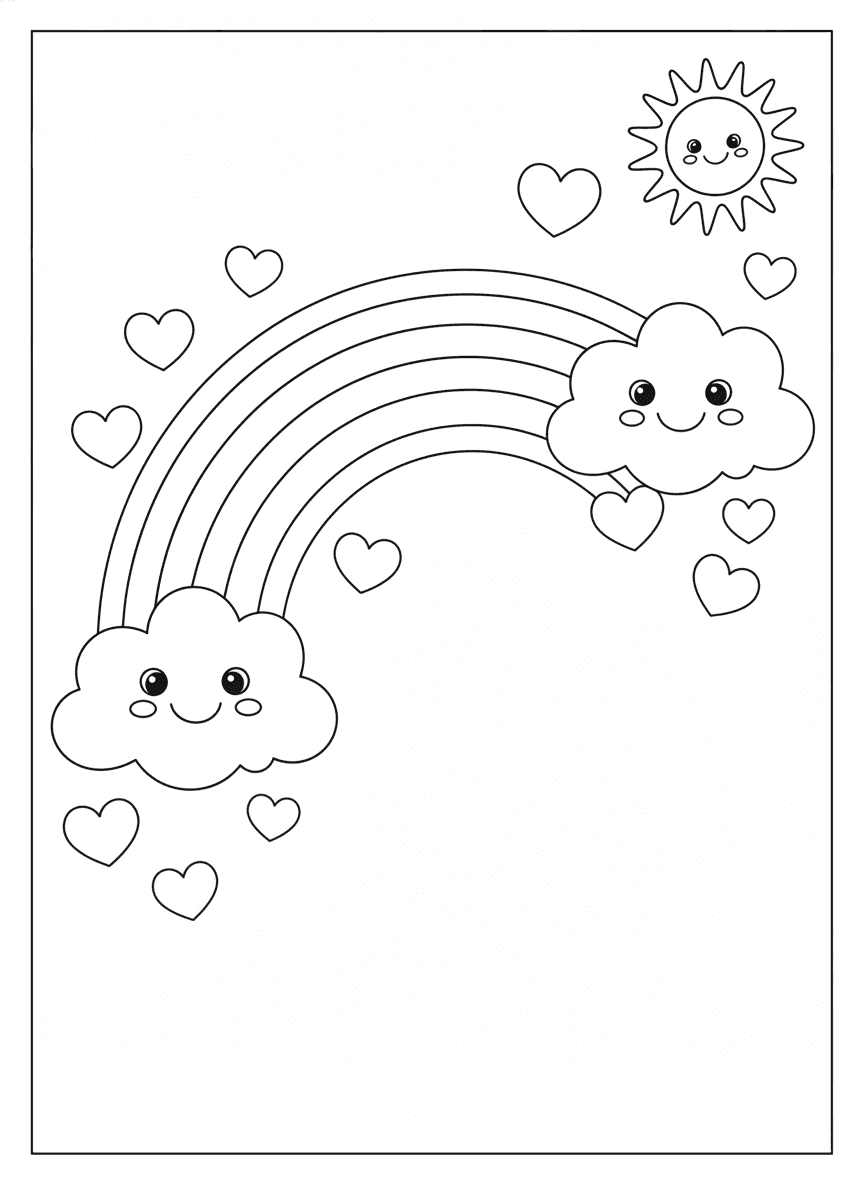 Rainbow & Hearts coloring page preview