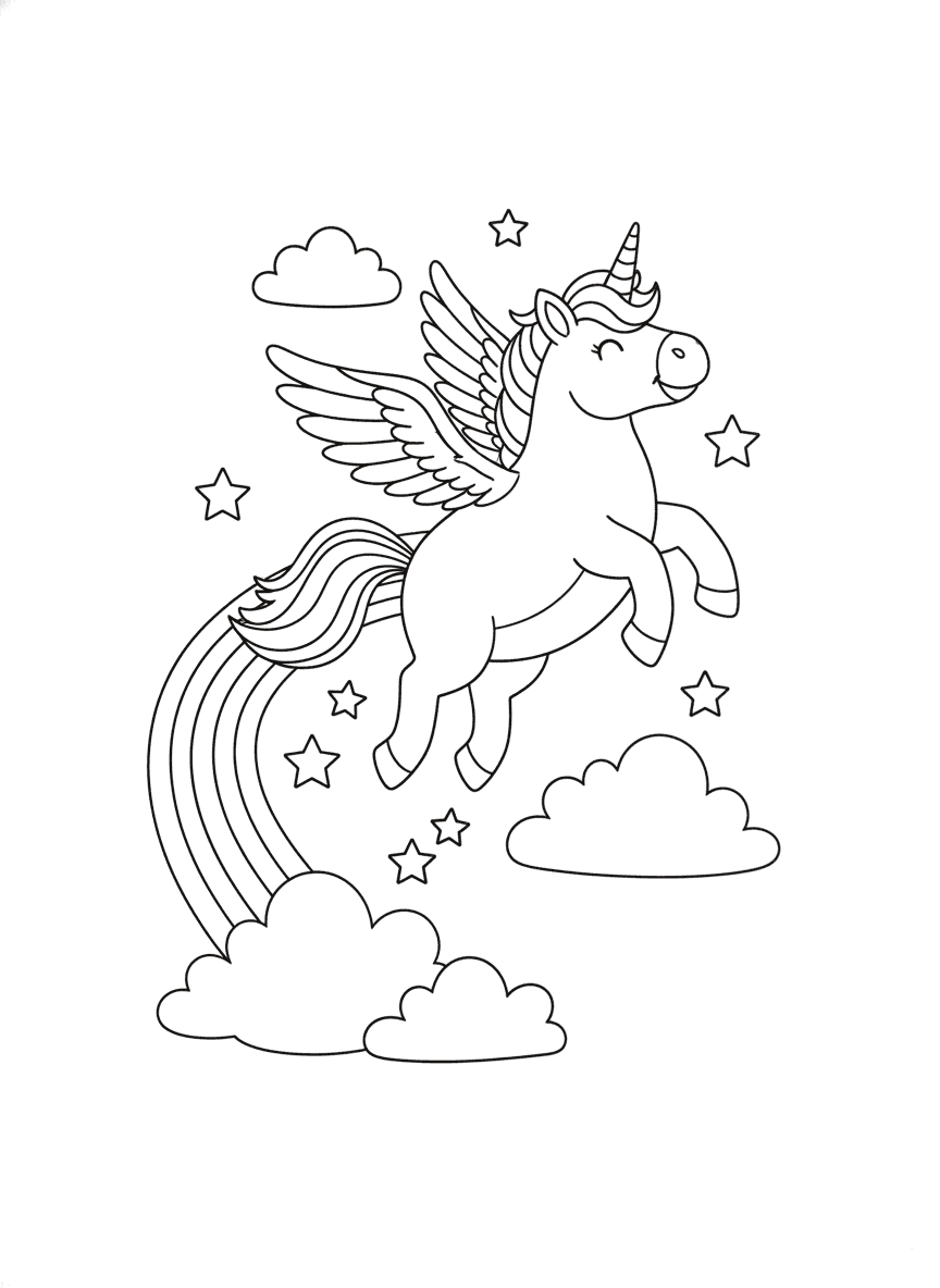 Flying Unicorn with Rainbow Trail coloring page preview