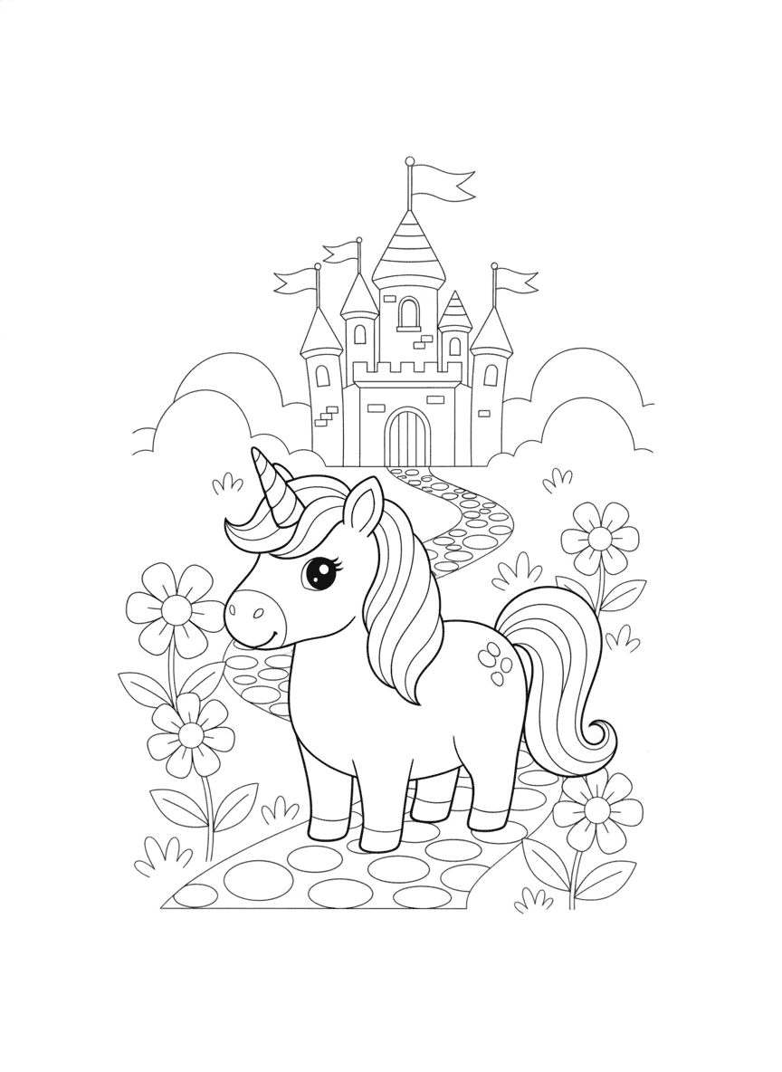 Unicorn at the Fairytale Castle coloring page preview