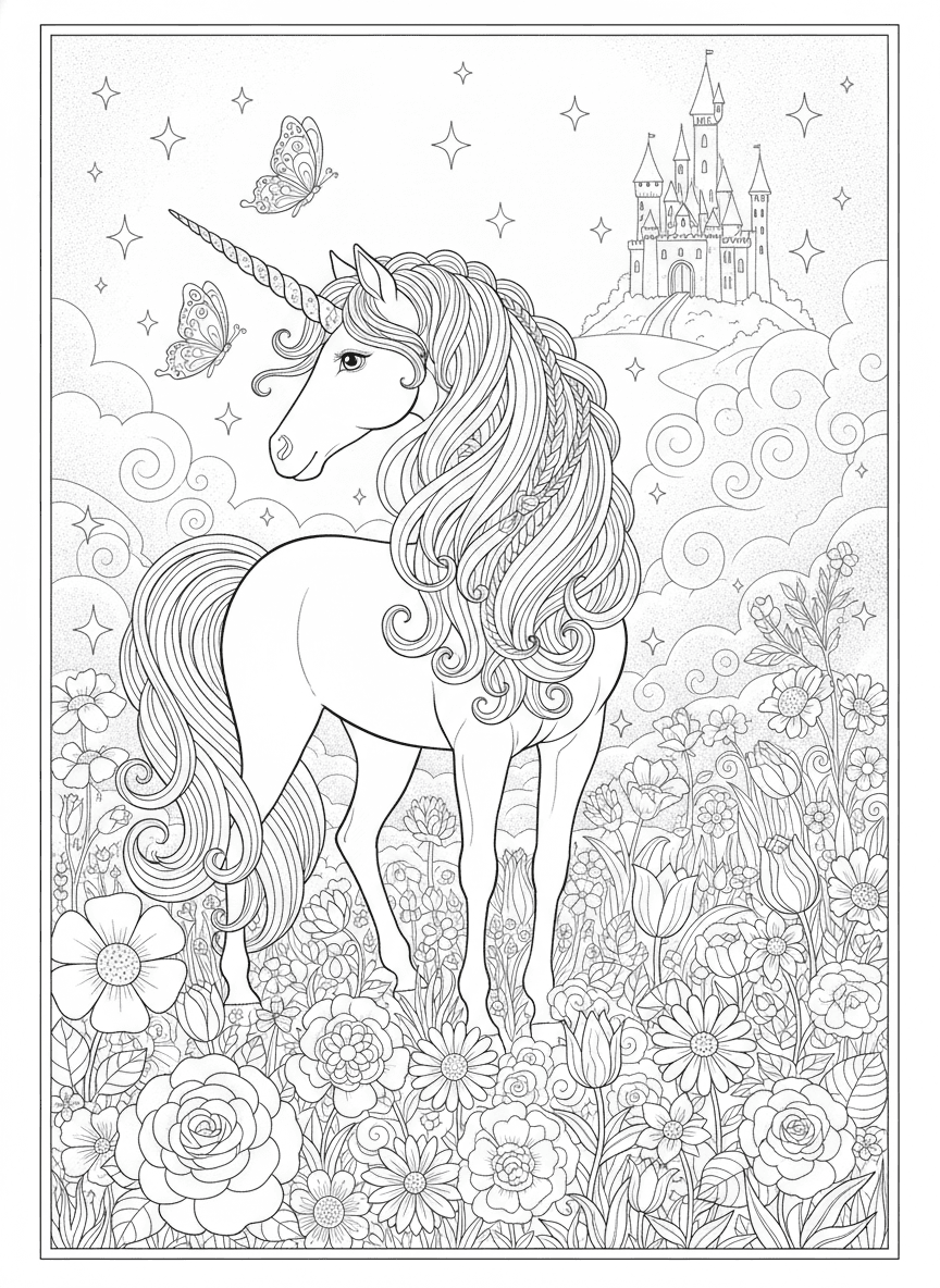 Enchanted Meadow Unicorn (Detailed) coloring page preview