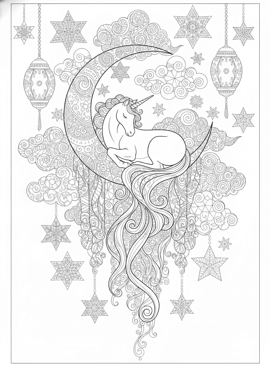 Unicorn Moon Dreams (Detailed) coloring page preview