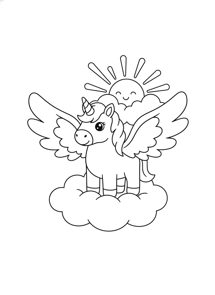 Winged Unicorn in the Clouds coloring page preview